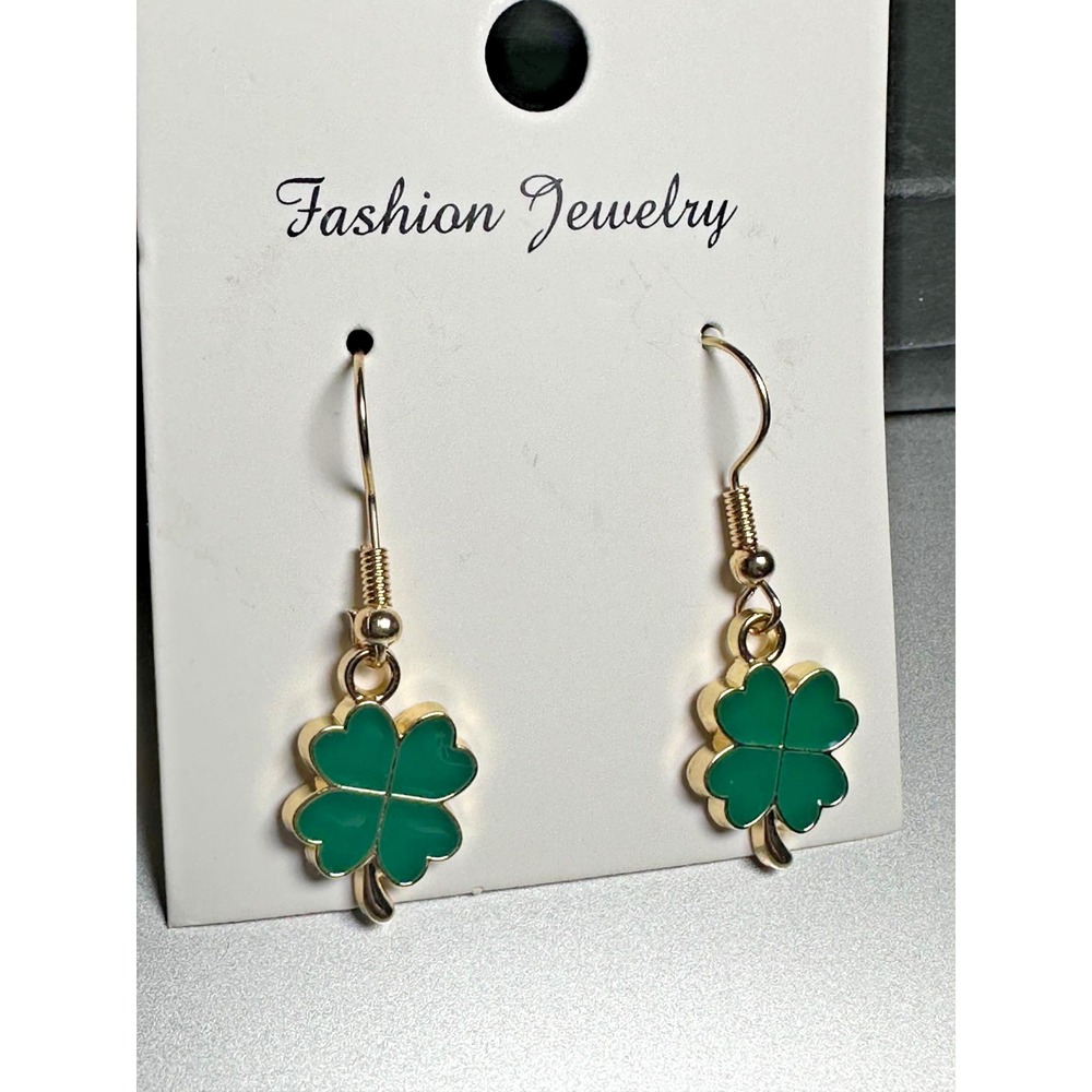 Yellow Gold Plated Enamel St. Patrick‎ Four Leaf Clover Earrings